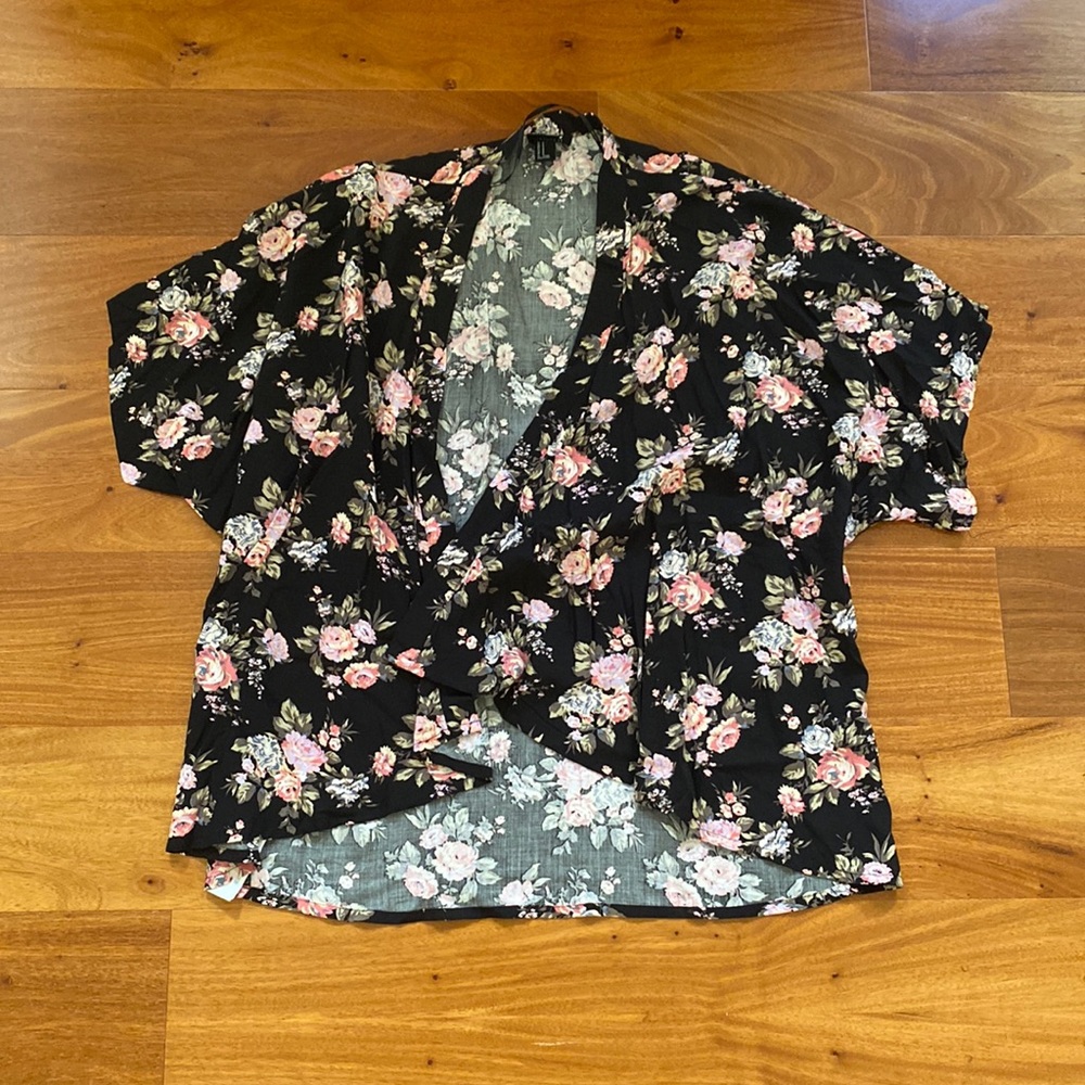 Black and Pink Floral Kimono-Style Jacket.